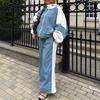 Vintage Sports Style Hooded Lantern Sleeve Jacket High Waist Drawstring Wide Leg Pants Contrasting Color Drape Jacket Trousers Two-piece Set