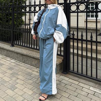 Vintage Sports Style Hooded Lantern Sleeve Jacket High Waist Drawstring Wide Leg Pants Contrasting Color Drape Jacket Trousers Two-piece Set