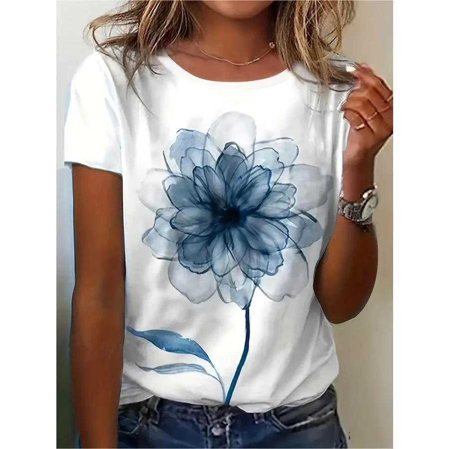 Watercolor flower breathable medium stretch fabric, regular fit round neck short sleeved shirt