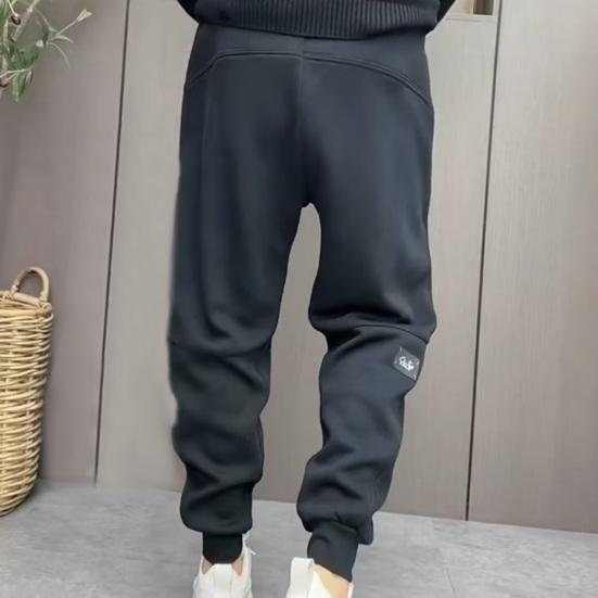 Men Pants Drawstring Elastic Waist Ankle-banded Patchwork Casual Soft Warm Pockets Loose Ninth Pants