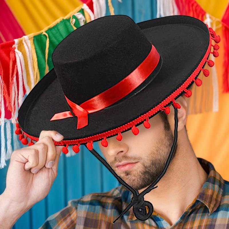 Sombrero Hats Dress Up America Sombrero Hat For Adults Wide Brim Cosplay Costume With Pom-Poms Spanish Outfit Accessories For