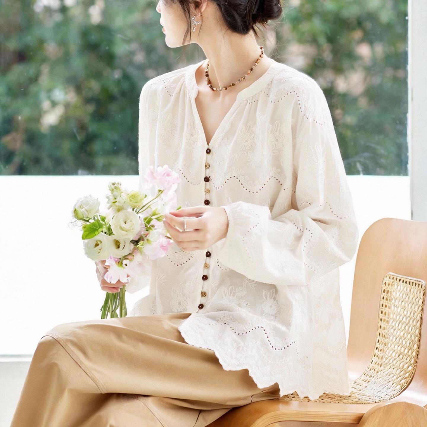

Women s V-Neck White Long Sleeve Shirt - Spring 2026 New Arrival, Embroidered Cotton, Chinese National Style One Size абрикосовий