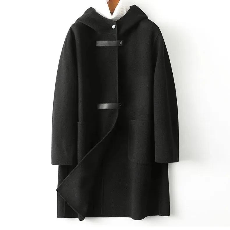 Women's Elegant Woolen Overcoat Large Pocket Loose-fit Fashionable Hooded Double-sided Jacket Trendy For All Seasons