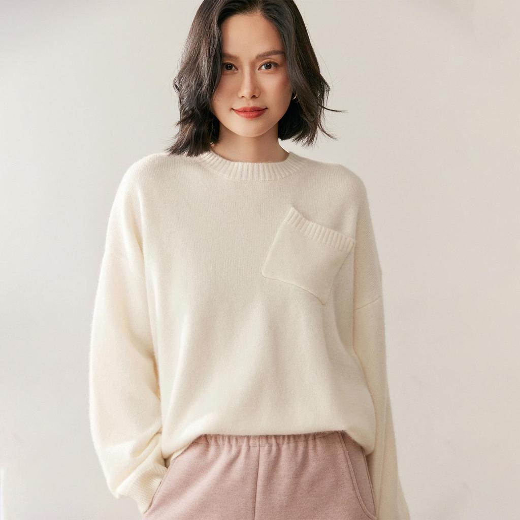 Women's Cashmere Round Neck Sweater - Autumn/Winter 2026 Collection, Loose Fit, Slimming Knit Base Layer with Pockets, Warm and Stylish.