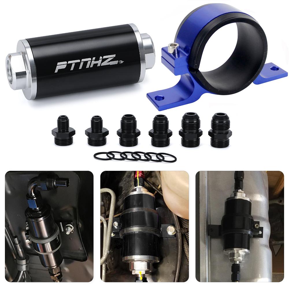 ID:58MM Universal Fuel Filter with Bracket with 2pcs AN6/AN8/AN10 Adaptor Fittings with 100micron Steel Element PQY5573+LS2511