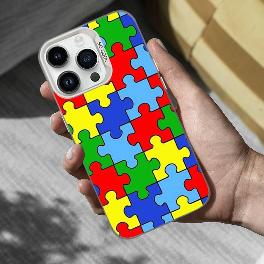 Puzzle Art Support Autism Phone Case For iPhone 16,15,14,13,12,11,Mini,XS,Pro,SE,MAX White Matte Shockproof Cover