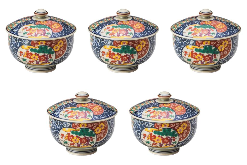 Sada 5 čajových šálků Shochikubai s víčky Sencha s víčky Arita ware Setomonohonpo Ko-Imari [9,5×8,5cm (180 ccm)] (Nádobí Arita)