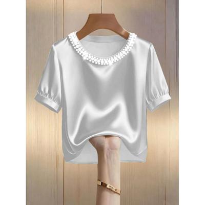 Women's Summer French Satin Pearl Collar Short Sleeved T-shirt with Elegant Temperament