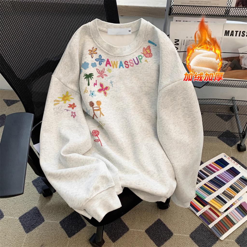 Crew neck sweater girls fleece thickened autumn and winter American high street heavy versatile jacket boys long sleeves