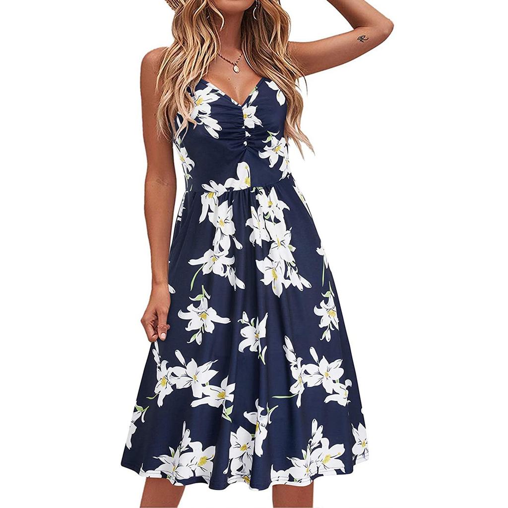 Kvinnemote Uformell ermeløs slank Sexy V-hals trykt mellomlang kjole