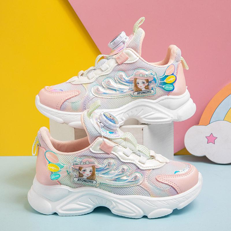 Mädchenschüler Mesh-Sneaker Frühling und Herbst weichsohlige Cartoon-Mädchen Laufschuhe drehbare Schnalle leichtgewichtige Einzelschuhe Tide