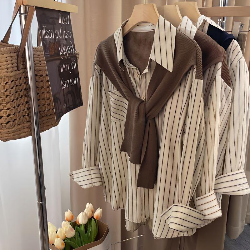

French-Style Striped Shawl Collar Two-in-One Women s Long-Sleeve Shirt L