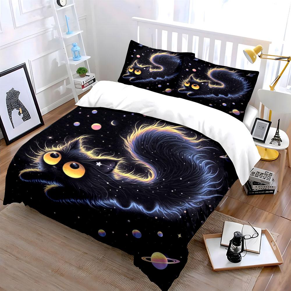Cosmic Starry Black Cat Printed Duvet Cover Set1 Duvet Cover+2 Pillowcasemulti Size Bedroom Bedding Decor Machine Washable