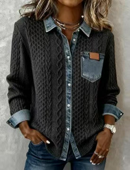 2025 European Style Women's Knit Patchwork Denim Cardigan - Versatile Long Sleeve for Autumn/Winter Fashion.