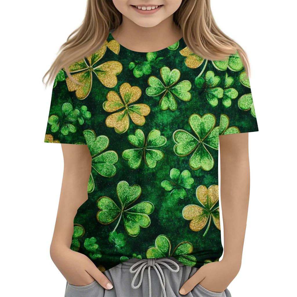 Children's Fashion Casual Short-sleeved St. Patrick Print Crew-neck T-shirt Top