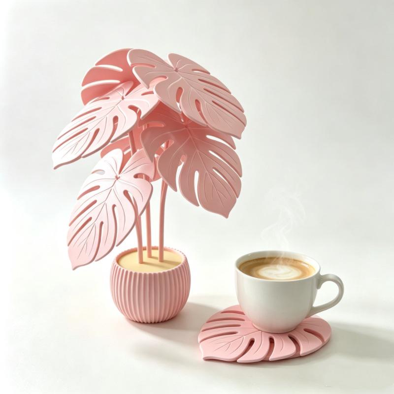 Sottobicchieri Creativi Foglie di Monstera Simulate Sottobicchieri Pianta Monstera Stampati 3D Tappetino da Tavola Antiscivolo Resistente al Calore Decorazione per la Casa