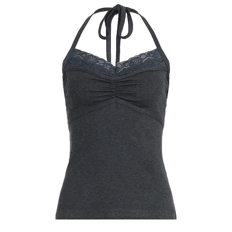 Sweet Girly Lace Halter Vest - Simple Solid Color Versatile Camisole Top S