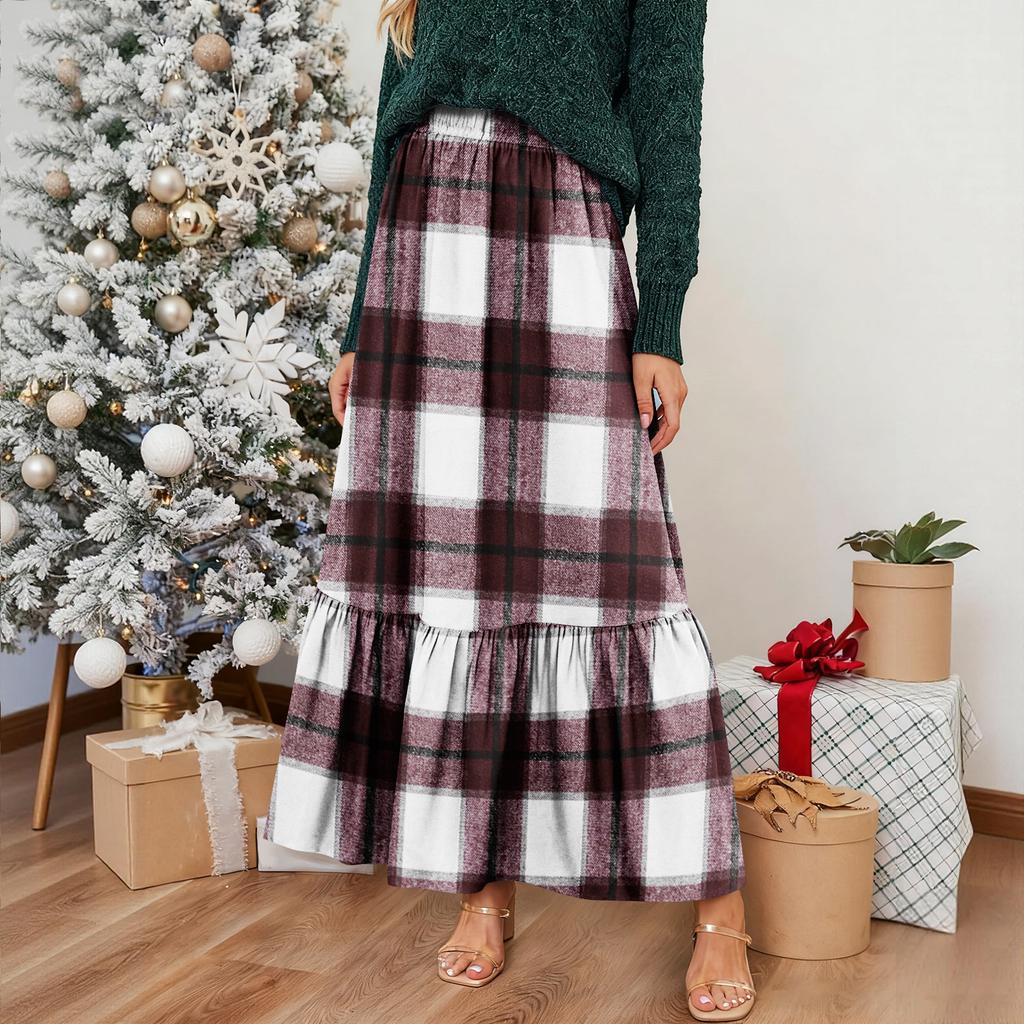 Women's Ruffled Casual Long Skirt Plaid Skirt Retro Pleated Skirt