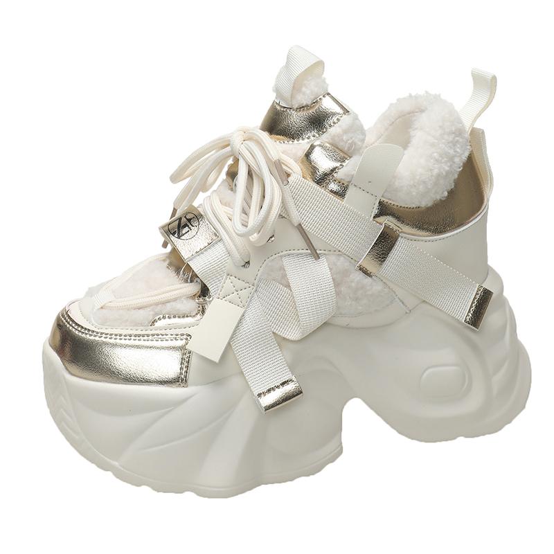 

Модные зимние теплые плюшевые кроссовки 10,5 см высокая платформа меховые зимние ботинки толстая подошва повседневная кожаная обувь массивные папины спортивные кроссовки 35 бежевый