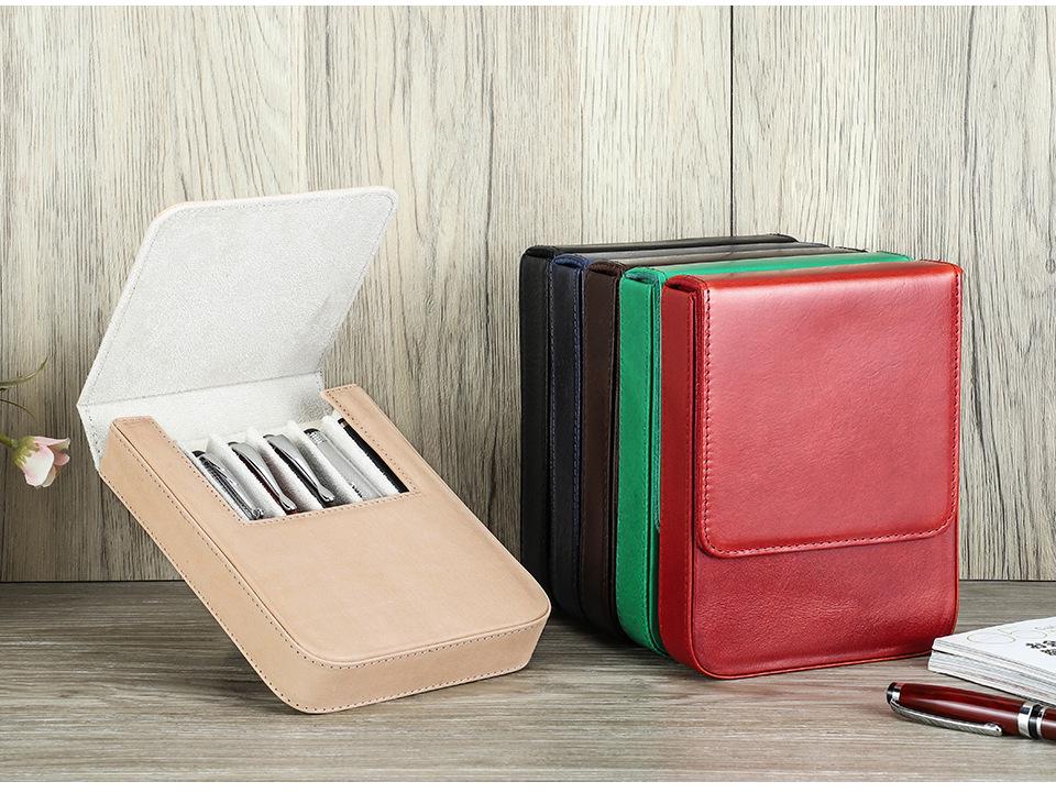 Handmade Genuine Leather 6-Piece Fountain Pen Case with Creative Drawer-Style Design
