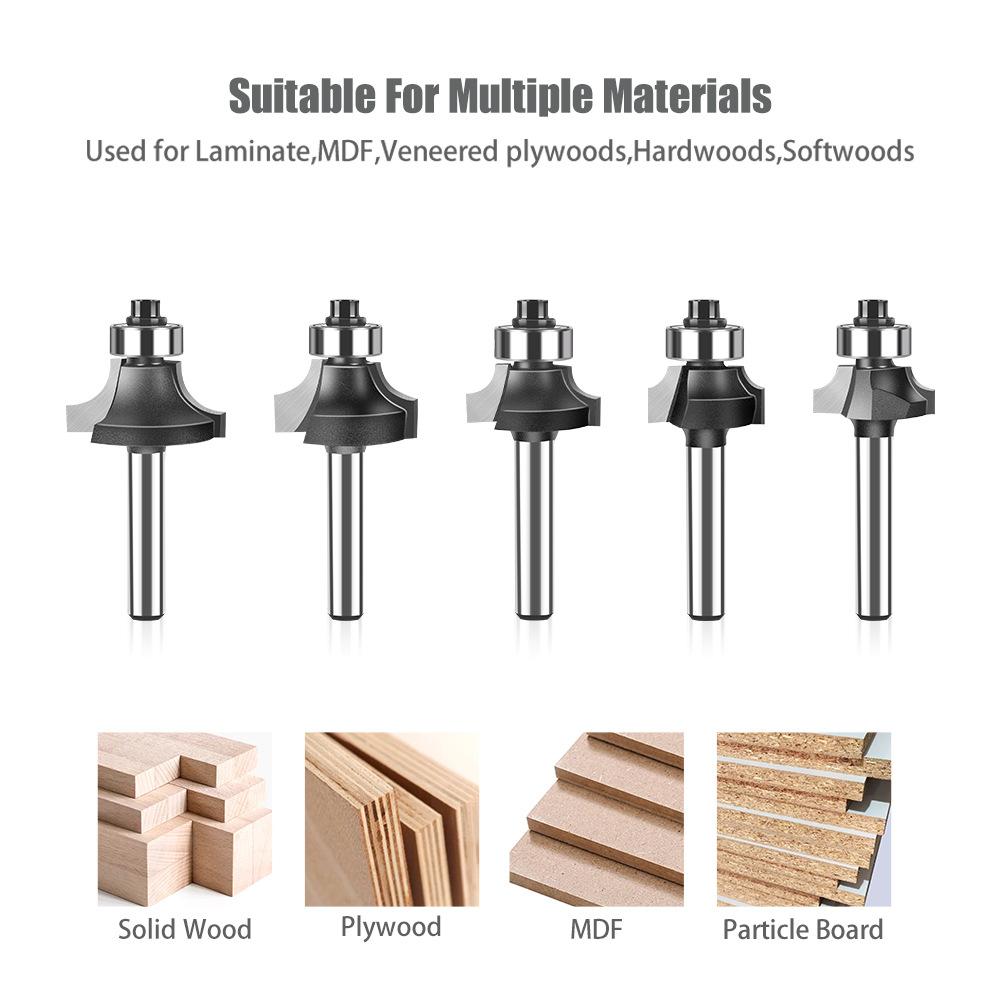 Round Corner Knife 6 Handle 5 Piece Set Tungsten Steel Alloy Woodworking Milling Cutter R Chamfering Trimming Machine Slotting Engraving Machine Blade