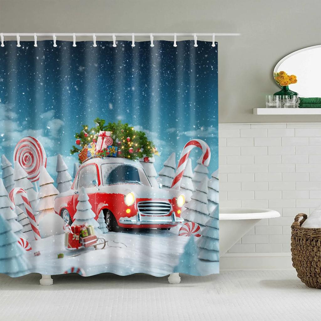 Christmas Bath Curtains Home Decor Winter Snowflake Snowman Santa Claus Waterproof Shower Curtain Bathroom Curtains