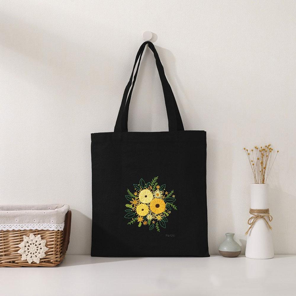 1 Set DIY Stickerei Kreuzstich-Set Nadelmalerei Blumen Schwarzes Segeltuch Wiederverwendbare Damen-Einkaufstasche Handarbeit Nähzubehör