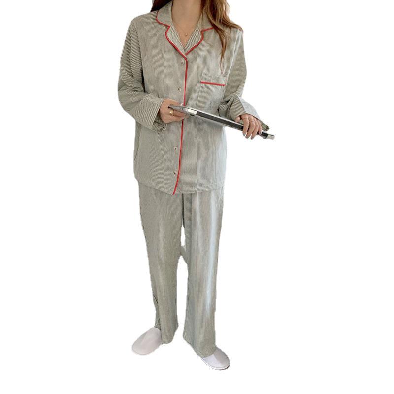 Women's Striped Long-Sleeve Cardigan Pajama Set - Korean Style