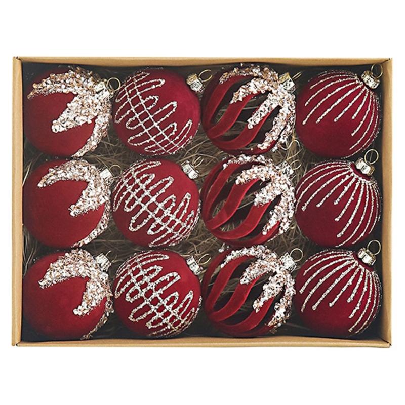 12-Piece Christmas Bauble Set, Soft-Texture Ball Decorations with Decorative Motifs and Top Rings for Holiday Tree Displays