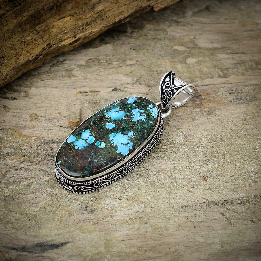 Tibetan Turquoise Gemstone 925 Sterling Silver Jewelry Pendant 2.52" M-43
