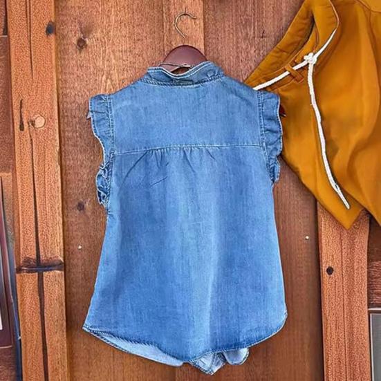Denim Ruffled Women Shirt V-Neck Collar Sleeveless Buttons Placket Shirt Tops Solid