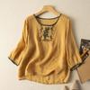 T-shirt Estiva da Donna in Cotone e Lino Stile Etnico Top Ricamati Letterari Retrò