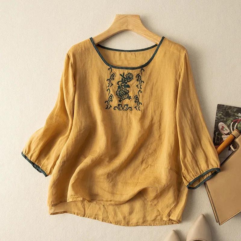 T-shirt Estiva da Donna in Cotone e Lino Stile Etnico Top Ricamati Letterari Retrò