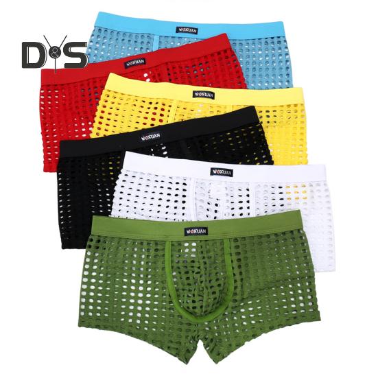 Men Sexy Hollow Out Shorts Briefs Low-rise Breathable Mesh Underwear Solid Color 3D U-convex Panties Underpants