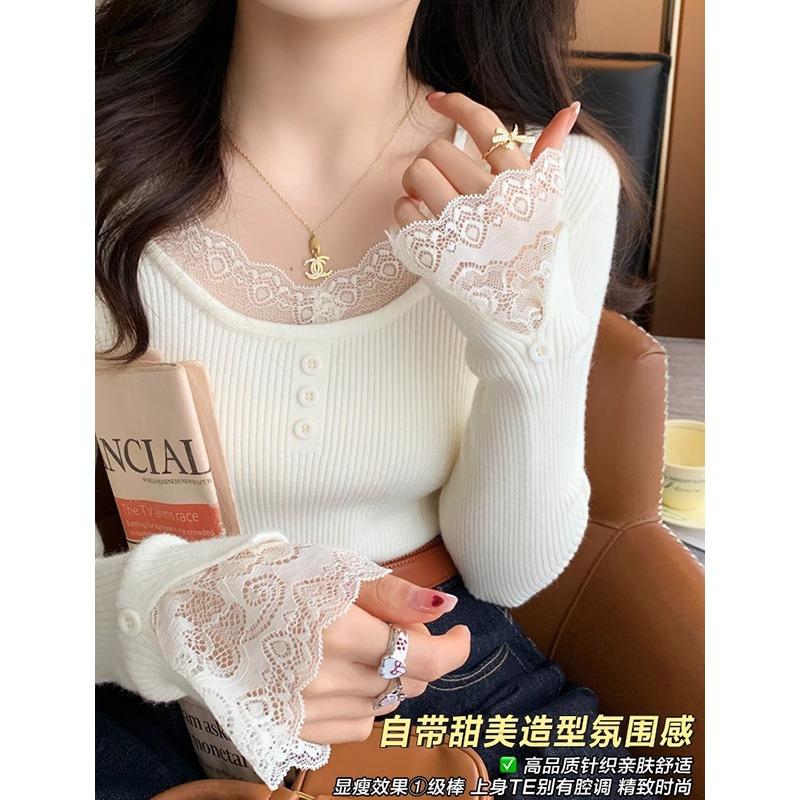 Spitze gestricktes Unterhemd Damen innen Saison neu Rundhals Pullover Design Slim Top