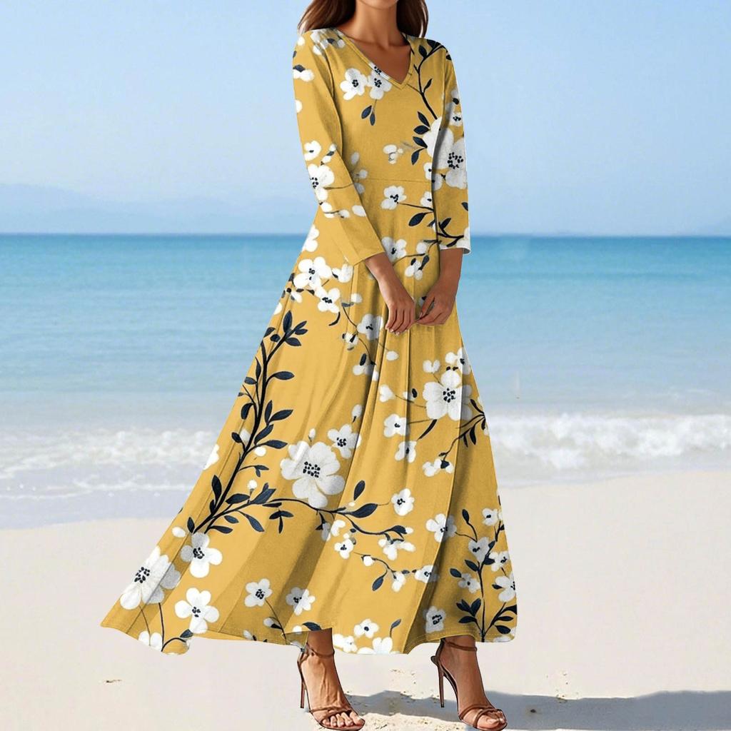 Vestidos de Praia Flutuantes com Decote em V da Moda Feminina, Vestidos Estampados Florais de Sete Mangas