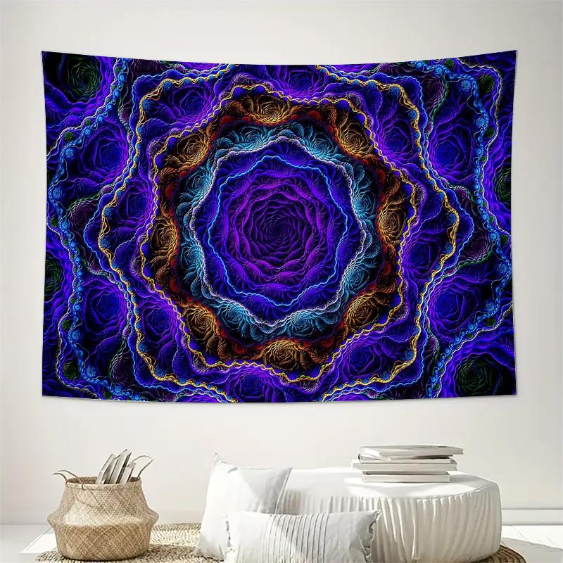 Purple Blue Fractal Mandala Abstract Art Wall Tapestry Machine Washable All Season Decor Art Print Modern Design Home Nontoxic