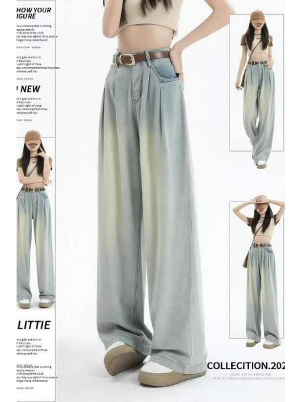 Korean Style High Waist Wide Leg Jeans - Women's Retro Pleated Loose Straight-Leg Pants for Spring & Autumn