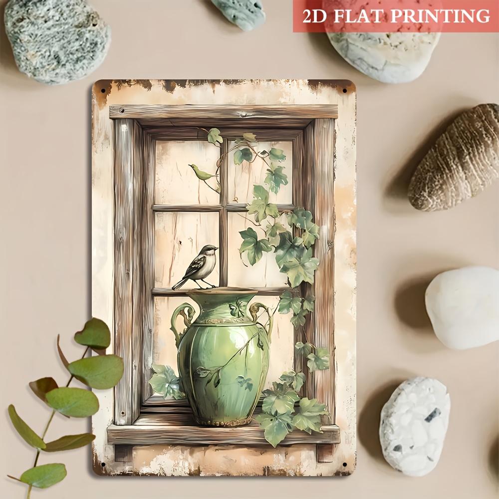 D Flat Iron Wall Art Vintage Window Greenery Metal Sign X Inch for Home Cafe Patio Decor
