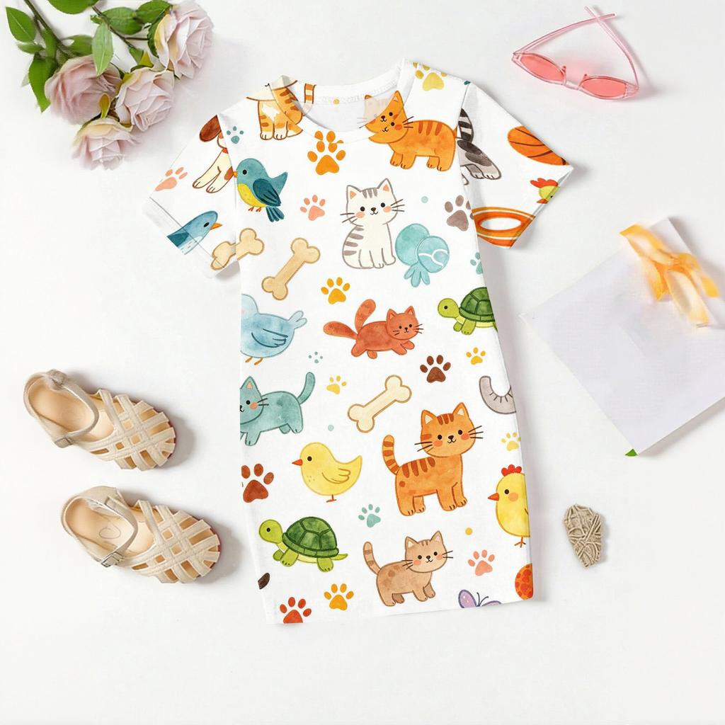 Girls Animal Print Dress Kids Loose Fit Short Sleeve Round Neck Lightweight Casual Dress for Children Summer Wear