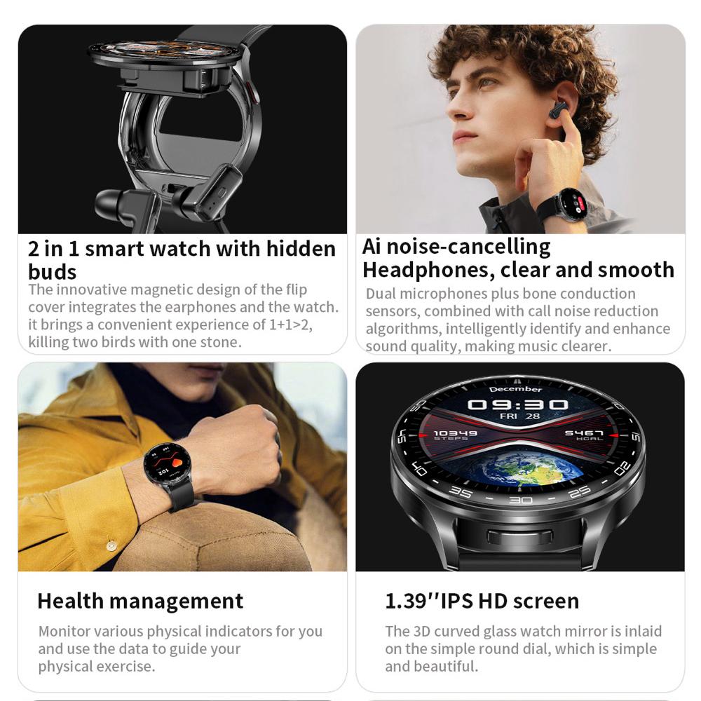 Smart Watch 1.39" Men 2 In 1 TWS Headset Blue Tooth Call Health Watches Sport Noise Reduction Earphone Women Music Smartwatch