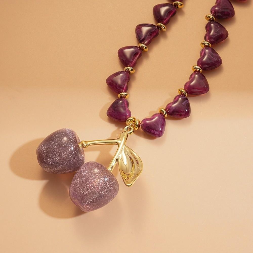 Love Heart Beadeds Women Cherry Necklace Acrylic Bohemia Choker Cherry Pendant  Vacation