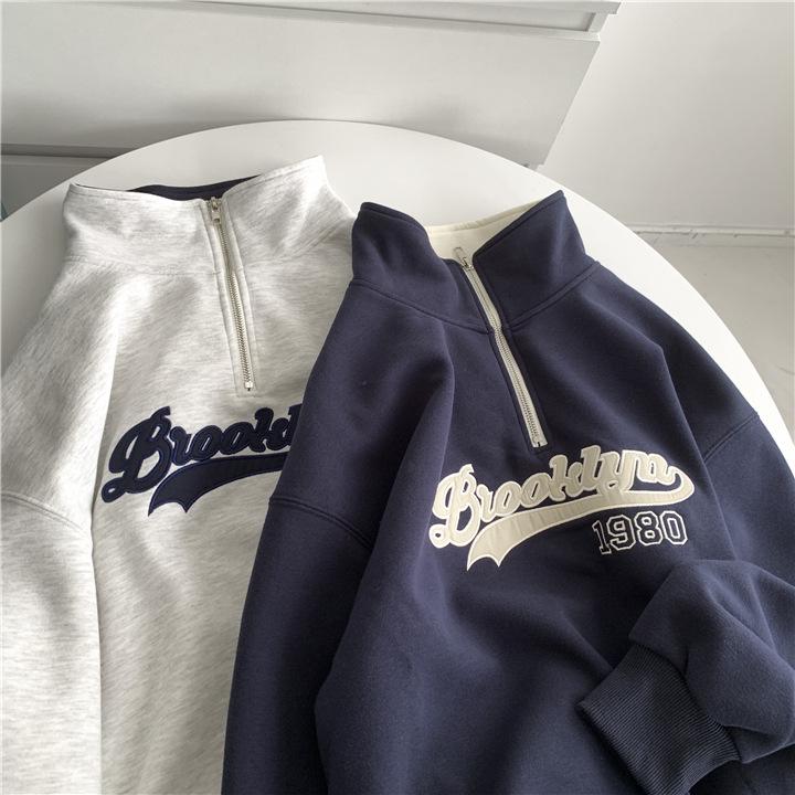 Women's Light Grey Retro Embroidered Casual Half-Zip Sweatshirt