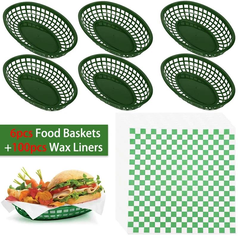 Foodservice Fast-Food-Körbe 100 Blatt Wachs Deli Papier Wiederverwendbare ovale Kunststoff Obstkorb Pommes Halter Korb Restaurant Snack