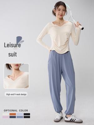Women's V-Neck Yoga Suit: Loose, Quick-Dry, Long Sleeve for Casual Sports and Pilates Training