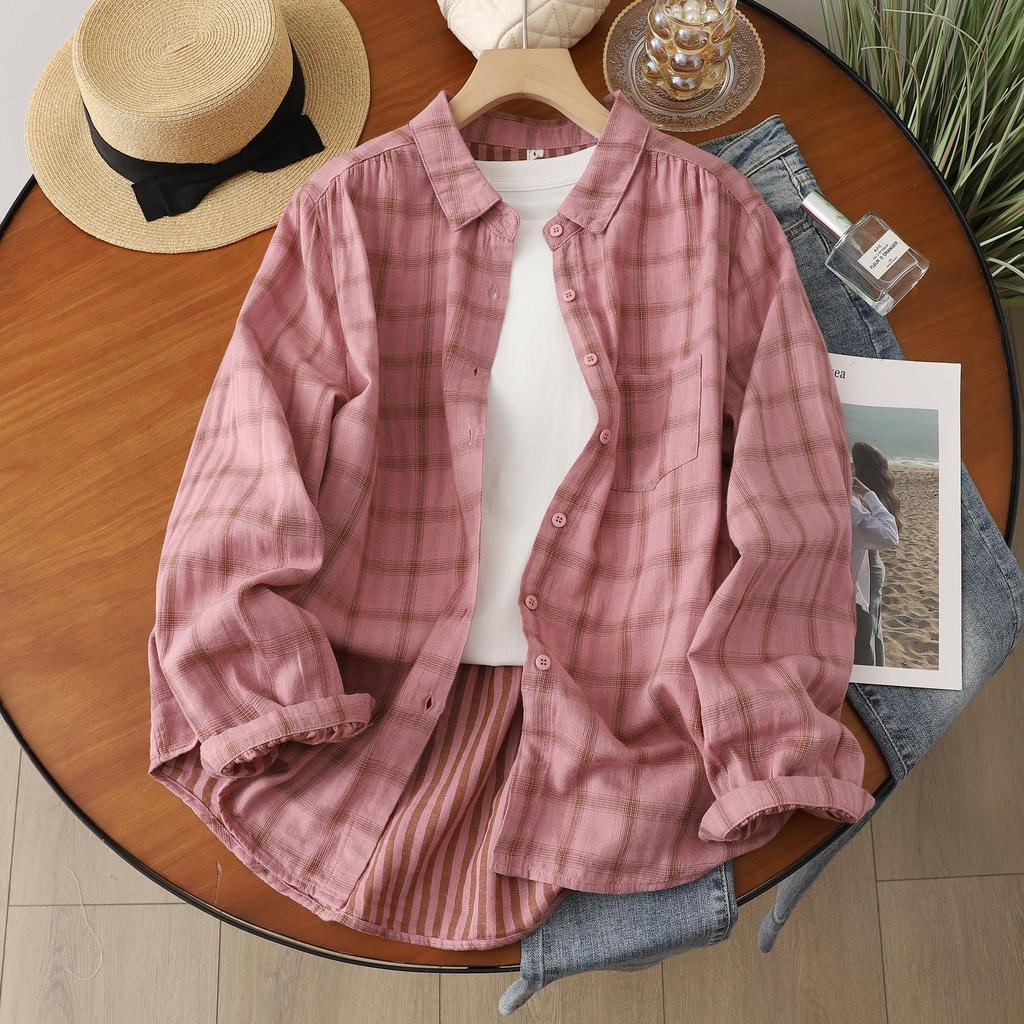 Women's Fresh Plaid Long Sleeve Shirt - Lightweight Sun Protection, Double Layer Cotton Gauze, Spring/Summer 2026.