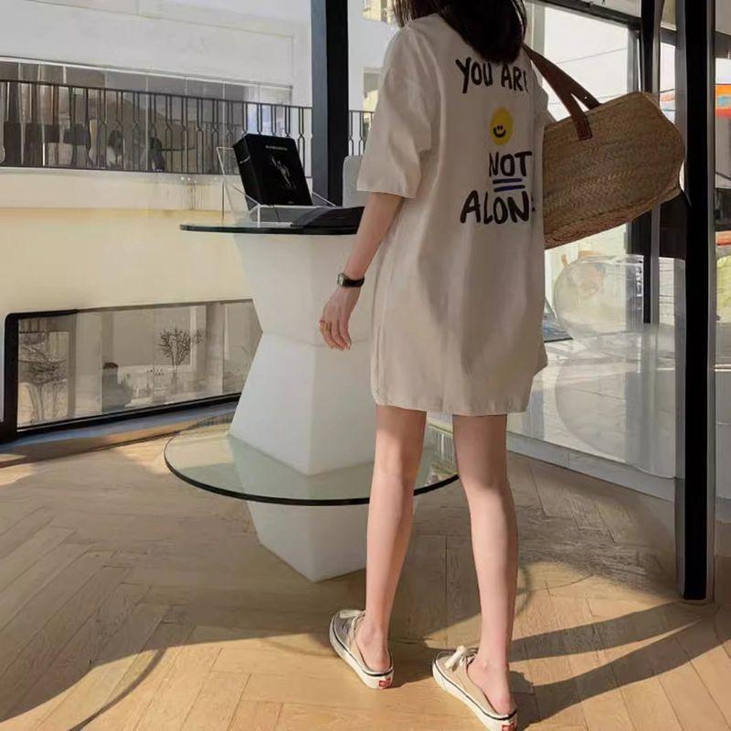 

Smiley Face Print Casual White Short-Sleeved T-Shirt for Women Summer Mid-Length Loose Large Version Pure Cotton T-Shirt Dress Half-Sleeved White 3XL [Recommended 72.5-80kg]