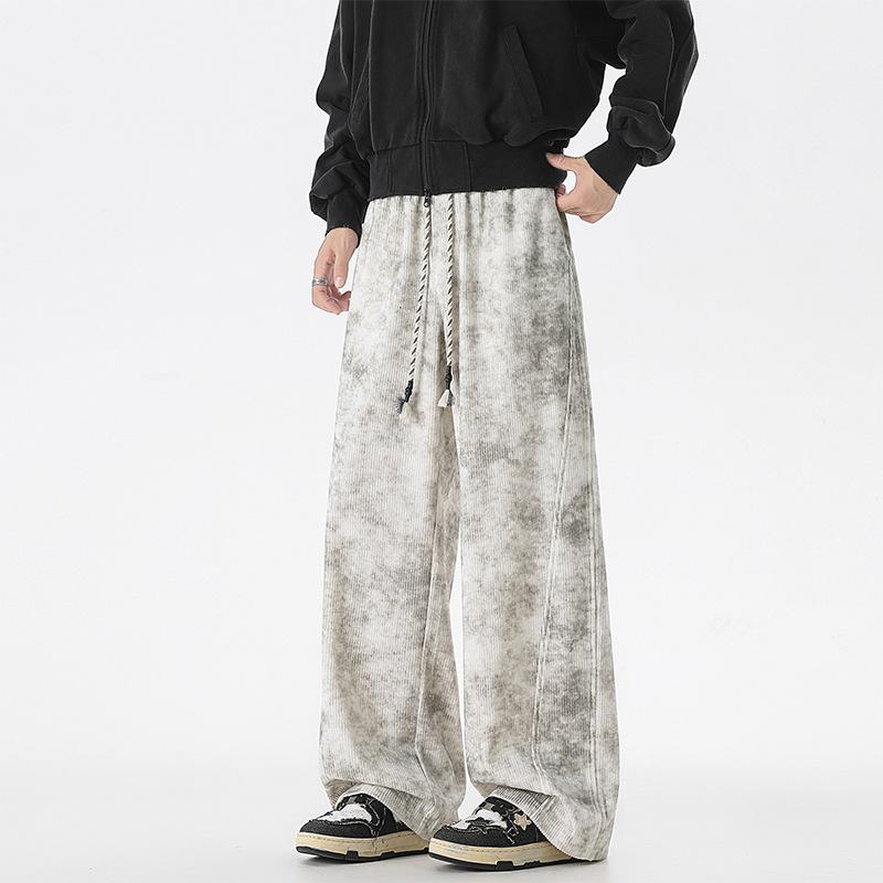 

Men s Tie-Dye Wide Leg Pants - Corduroy Drawstring Loose Trousers for Streetwear and Casual Daily Wear M белый