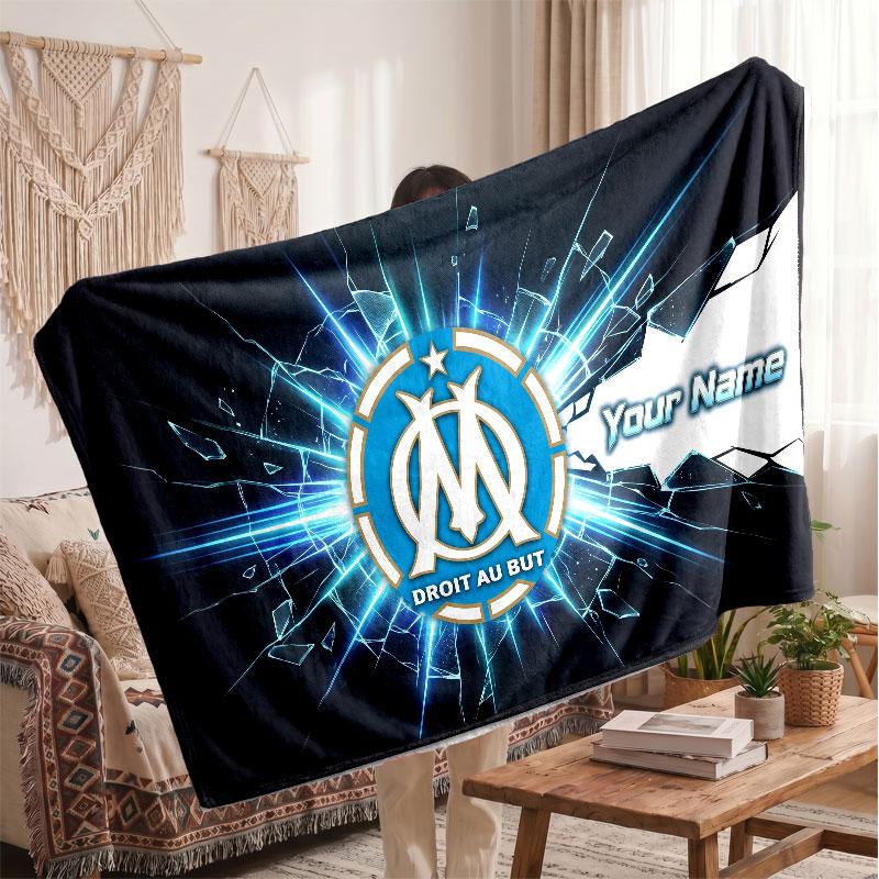 Olympique Marseille FC Personalized Fleece Blanket With Football Logo, Custom Name Text Soft Warm Home Throw Blanket