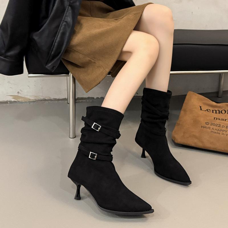 Pointed High-heeled Short Boots Women's 2025 New Autumn Retro Pleated Piled Boots Thin Heels Western Thin Boots